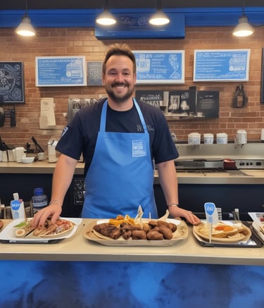 A smiling Airbnb host handing a guest a QR code card in a cozy Greek apartment.