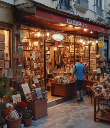 A bustling Greek market scene with tourists scanning QR codes at vendor stalls.