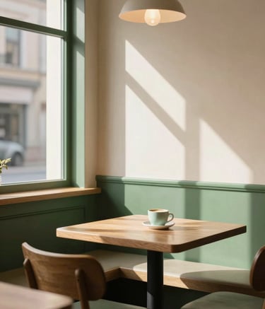 A cozy, Scandinavian-style North American cafe interior with matte forest green accents and crisp parchment walls. Warm morning sunlight streams through the window, highlighting an elegant, professional atmosphere.