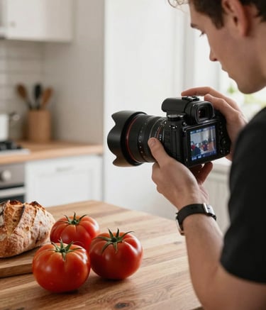 Behind-the-scenes photography in a bright, modern European kitchen. A creative professional is focused on a professional camera screen, capturing a close-up of fresh, deep ripe crimson tomatoes and artisanal bread on a wooden surface. Soft natural lighting and a sophisticated atmosphere.
