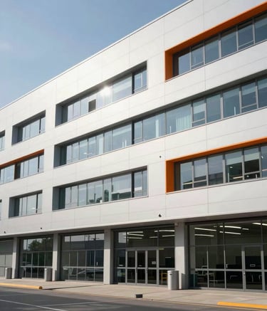 A modern European / Spanish logistics hub during the day, featuring a clean white and silver grey architecture with subtle orange accents on the building's facade, reflecting a high-efficiency professional environment.