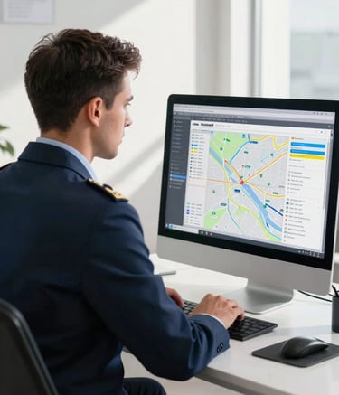 A professional customs agent in a modern European / Spanish office setting, dressed in a dark slate blue suit, reviewing digital logistics maps on a sleek silver grey computer screen in a bright, sunlit room.