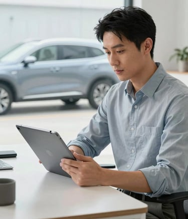 A lifestyle photograph of a professional-looking person in a bright North American home office, comfortably holding a tablet. A modern SUV is visible through a clean window in the background, suggesting convenience and mobility. The color palette includes light grayish blue and muted blue tones.