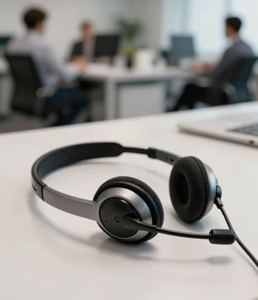 Close-up of a professional communication headset on a minimalist desk in a corporate South American / Brazilian office, with soft out-of-focus background of a collaborative workspace.