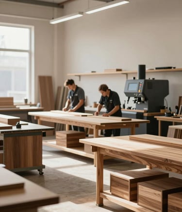 A wide, cinematic shot of a modern cabinetry workshop. Sunlight streams onto workbenches where skilled artisans work with premium wood materials (#4A433A). The environment is clean, professional, and organized, reflecting 30 years of expertise and a commitment to quality. Colors include #F7F4EF walls and dark #262626 machinery accents.