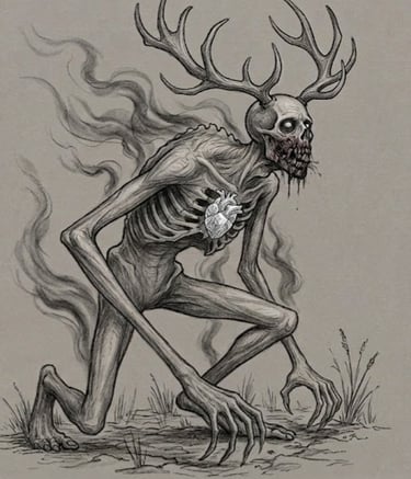 Dark cryptid artwork of the Wendigo, a legendary monster from folklore and paranormal cryptid