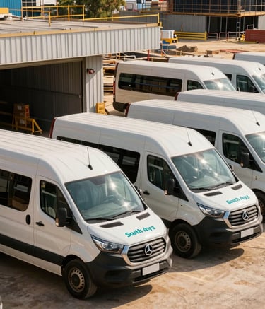 A fleet of modern off-white transport vans parked at the entrance of a major South American construction site, clear morning light reflecting off the steel teal branding, professional and robust atmosphere.