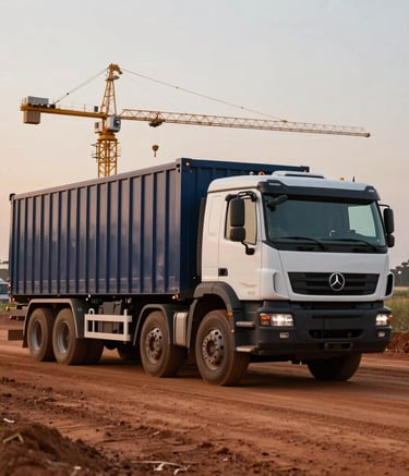 A heavy-duty logistics truck parked on a red dirt road of a Brazilian infrastructure project, with cranes and scaffolding in the background, soft sand beige and dark navy tones in the dusk lighting.