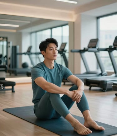 A serene, modern home gym or yoga studio. A male in professional athletic wear is resting between sets, looking calm and focused. The lighting is soft and premium, with the brand's #528B8B teal color appearing subtly in the equipment or environment.