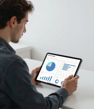 A high-end, minimalist workspace setting. A professional male is seen from the side, focusing on a tablet displaying data analytics. The environment is clean with soft natural lighting, featuring a neutral palette of #F9FAFB and #A7B3B1, with a high-end, professional atmosphere.