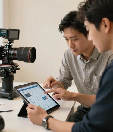 Action shot in a North American / US creative studio. Two professionals are collaborating over a tablet, pointing at a sophisticated content strategy. The setting is bright and airy with Parchment colored walls and technological hardware in the background.