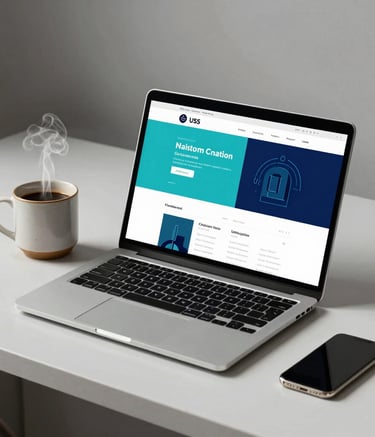 A professional photography shot of a sleek, minimalist workspace in a North American / US office. A high-end laptop displays a vibrant website layout in Turquoise Blue and Navy Blue. Beside it, a ceramic mug of steaming coffee provides a cozy touch.