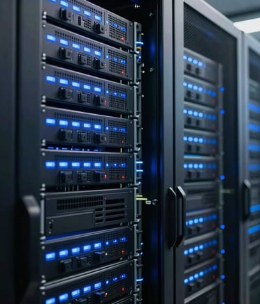A detailed close-up of a modern server room with soft blue neon indicator lights. The perspective is from eye-level, showing the depth and scale of the technology. The lighting is sophisticated, reflecting a cutting-edge infrastructure environment in a North American / US data center.