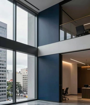 A high-end, minimalist corporate office interior in a South American / Brazilian city, featuring large glass windows, clean lines, and a professional atmosphere with subtle accents of dark blue and gold lighting.