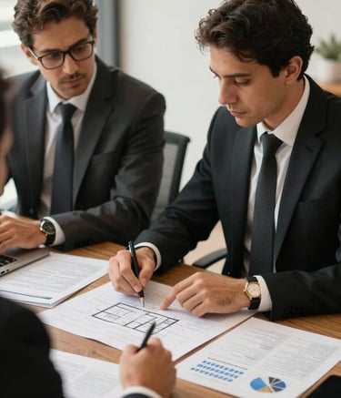 A focused strategic planning session in a Brazilian corporate setting, showing two professionals in formal attire discussing architectural plans and business data, natural light, gold and black aesthetic.