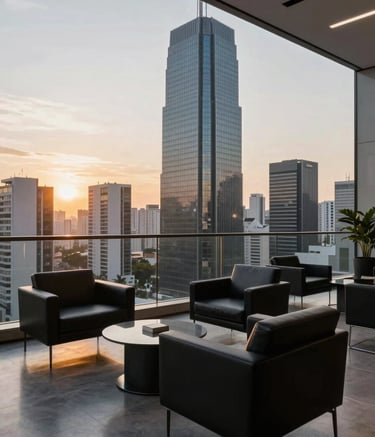 Wide angle view of a contemporary business lounge in a Brazilian skyscraper, featuring sleek black furniture and a view of a city skyline, dawn lighting with gold hues.