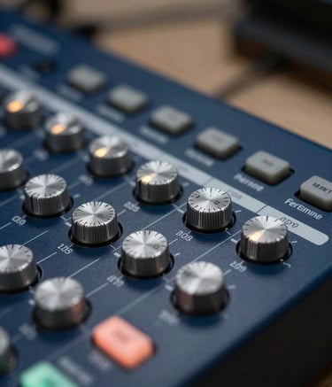 Close-up photography of a high-end color grading control surface with illuminated dials and buttons. The background is a blurred European studio setting with deep navy blue tones and soft muted silver reflections.