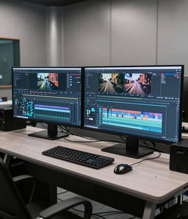 A sophisticated cinematic editing suite in a modern European studio. The room features muted silver walls and professional workstations with multiple large monitors showing video editing timelines. Soft, dramatic lighting creates a professional atmosphere.