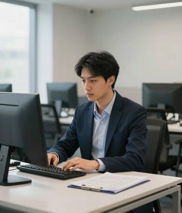 A focused professional working in a modern North American / US corporate office. The environment is clean and efficient, with steel blue and soft off-white accents in the decor. High-end photography, natural lighting, calm atmosphere.