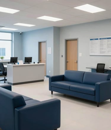A wide shot of a modern North American / US healthcare administrative center. The scene is bright and professional, featuring pale blue-grey and navy blue furniture. Clean lines and a sense of calm competence prevail.