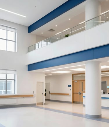 A wide, bright interior shot of a contemporary North American / US hospital administrative wing. The architecture is clean and minimal with Pearl White surfaces, Deep Blue structural details, and professional lighting that creates an atmosphere of competence.