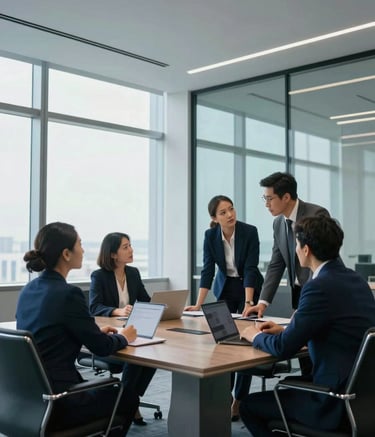 A group of diverse professionals in business casual attire collaborating around a sleek conference table in a modern North American / US corporate office. The room features high ceilings, floor-to-ceiling windows, and a sophisticated color scheme of Dark Navy and Soft Sky Blue accents.