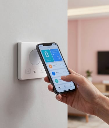 A high-angle detail shot of a hand using a smartphone to control smart home lighting and temperature in a modern South American / Brazilian living room. The room features light greyish white walls and subtle soft blush pink accents. Professional architectural photography with sharp focus and clean lighting.