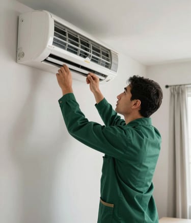 A professional technician wearing a deep forest green uniform carefully inspecting a modern air conditioning unit mounted on a light greyish white wall in a South American / Brazilian luxury apartment. Bright, natural lighting, clean and professional atmosphere.