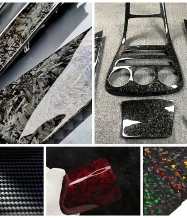 Custom forged carbon fiber automotive interior trim parts with gloss finish and multi-color flakes.