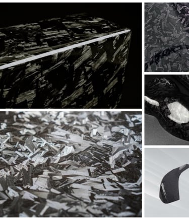 A collage showcasing various forged carbon fiber textures and vinyl wrap finishes for automotive customization.
