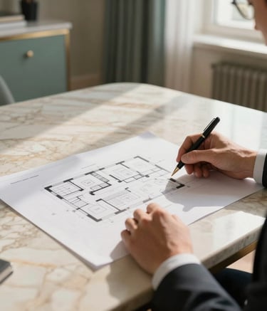 A close-up photograph of a professional meeting in an elegant office on the Italian Riviera / Ligurian Coast. A person is reviewing architectural floor plans on a marble desk. Natural light streams in, highlighting cream beige and muted teal green accents in the decor. Professional and sophisticated atmosphere.