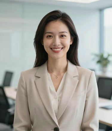 A professional photography of a confident career consultant in a bright, modern European office setting. The consultant is looking directly at the camera with a welcoming smile. The background is clean and slightly blurred, featuring soft light blue and off-white tones, reflecting a professional and empowering atmosphere.