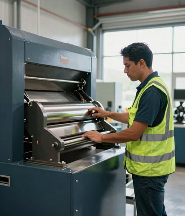 A professional Latin American specialist wearing a forest green safety vest inspecting a large industrial shredding machine. The setting is a clean, modern facility with charcoal and navy steel structures, bright natural lighting, and a focus on efficiency and safety.