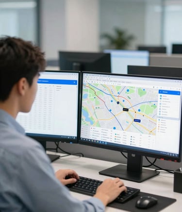 A professional logistics dispatcher in a modern, clean office environment, focusing on multiple high-resolution computer monitors displaying route maps and freight data. The scene uses a professional color palette with #2A629A blue accents in the office decor and soft, efficient lighting.