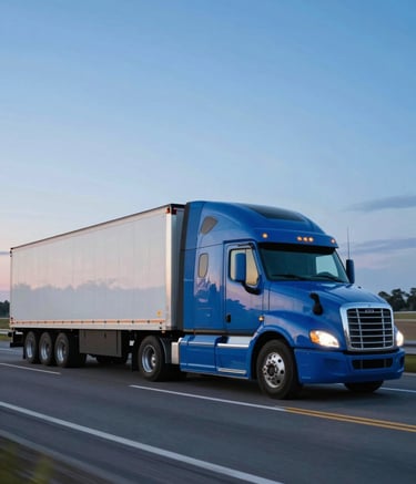 A side view of a modern semi-truck moving swiftly along a clean US highway during the blue hour, capturing a sense of reliability and speed. The truck features clean lines and the lighting incorporates brand colors #7BA0C6 and #F5F8FC.
