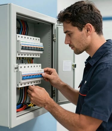 Professional South American / Brazilian electrician in a dark navy uniform examining a modern circuit breaker panel. Clean utility room setting, light blue accents, sharp professional photography style with bright lighting.
