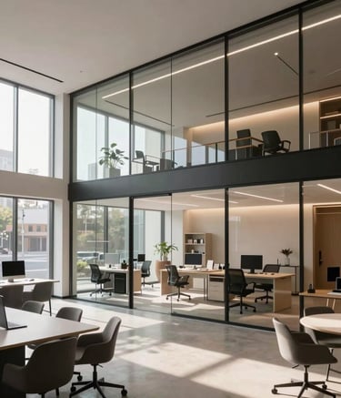 Wide-angle architectural shot of a modern, innovative creative studio interior with glass walls and minimalist furniture, soft morning sunlight, sophisticated North American professional environment.