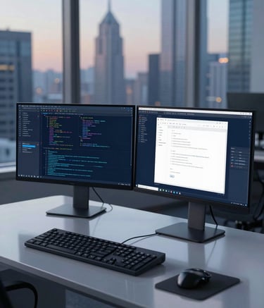 A high-end professional workstation in a North American skyscraper office, dual monitors displaying complex web code and minimalist design layouts, soft twilight lighting, polished glass desk surfaces, sophisticated deep blue and silver color palette.