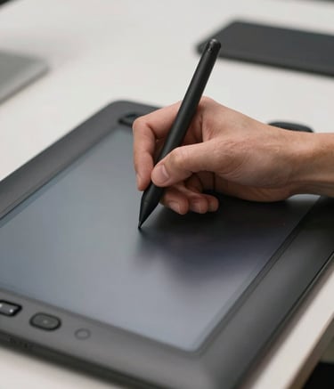 Close-up photography of a professional designer using a sleek stylus on a high-tech drawing tablet, minimalist modern studio setting in Western Europe, soft diffused lighting, focus on precision and digital innovation.