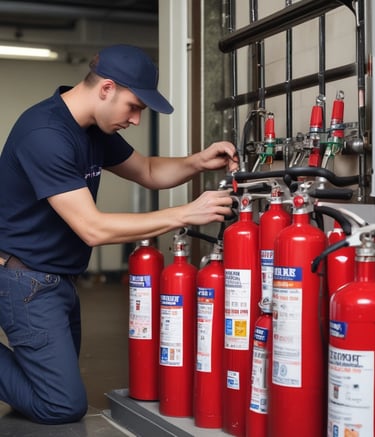 Fire safety project blueprint on a desk with safety helmet and extinguisher.