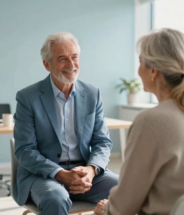 A professional consultant in a muted ocean blue suit sitting across from a smiling elderly couple in a bright, modern office with soft sky blue accents. The lighting is natural and warm, conveying a sense of relief and trust.