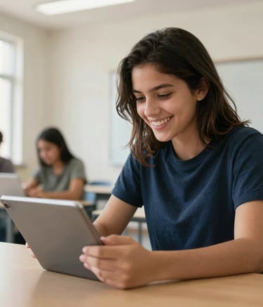 A motivated student smiling while working on a tablet in a bright, modern Latin American educational center, with natural light and off white walls.