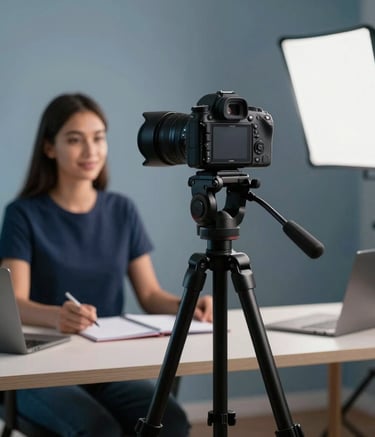 Professional studio setup for recording online courses, featuring a high-quality camera on a tripod, soft lighting, and a modern desk in a Latin American setting, incorporating dark blue and light blue gray tones.