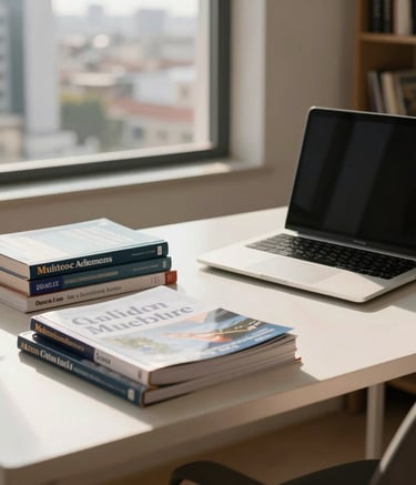 A modern home office in a Latin American city, featuring professional textbooks and a laptop on a clean white desk, illuminated by warm morning light.