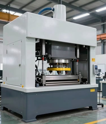 Industrial press machine with safety guards in a spacious workshop.