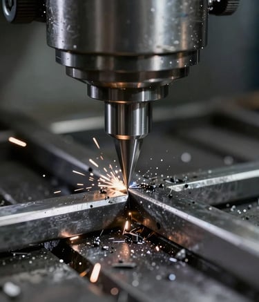 Wide shot of a robotic arm assembling machine parts on a production line.