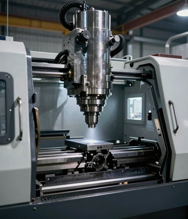 A heavy-duty lathe machine in a bright, organized factory setting.