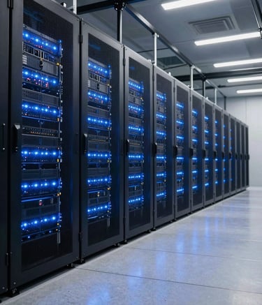 An wide-angle shot of a sophisticated, climate-controlled data center in the US. Blue glowing lights along the server racks reflect on a polished floor. The aesthetic is clean and high-tech, emphasizing reliability and modern innovation.
