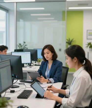 A bright, modern North American medical administrative office with clean glass partitions. Professionals in smart-casual attire use high-tech tablets and desktop monitors. The lighting is soft and natural, featuring Alice Blue and Seafoam Green accents in the decor.