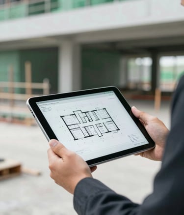 A close-up shot of a professional construction manager's hands holding a digital tablet displaying high-precision 3D architectural plans. The background shows a modern construction site with clean lines, soft focus, featuring the corporate palette of muted greens (#52796F) and charcoal (#2F3E46). High-end, trustworthy atmosphere.
